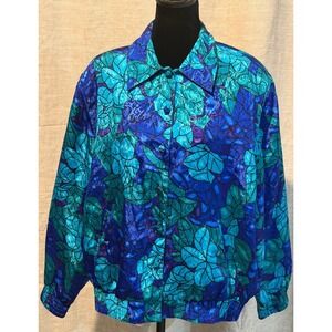 TanJay Petite Vintage Blue Floral Stained Glass Bomber Jacket Womens Medium M